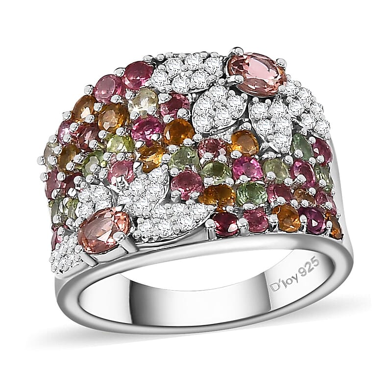 Blush Tourmaline and Multi-Tourmaline, Moissanite 2.35 ctw Blossom Radiance Ring in Rhodium Over Sterling Silver (Size 10.0)