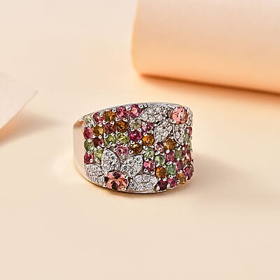Blush Tourmaline and Multi-Tourmaline, Moissanite 2.35 ctw Blossom Radiance Ring in Rhodium Over Sterling Silver (Size 10.0)