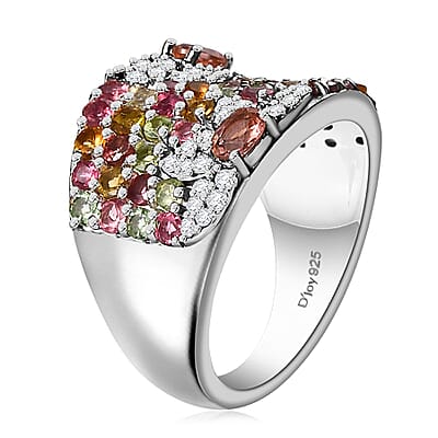 Blush Tourmaline and Multi-Tourmaline, Moissanite 2.35 ctw Blossom Radiance Ring in Rhodium Over Sterling Silver (Size 10.0)