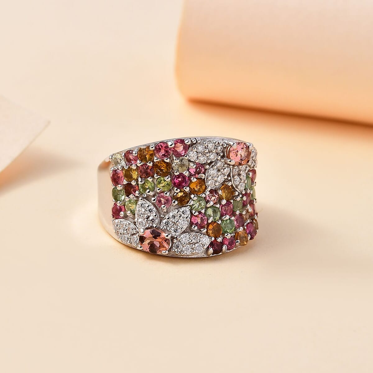 Blush Tourmaline and Multi-Tourmaline, Moissanite 2.35 ctw Blossom Radiance Ring in Rhodium Over Sterling Silver (Size 9.0) image number 1