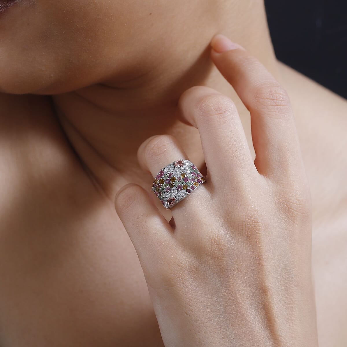 Blush Tourmaline and Multi-Tourmaline, Moissanite 2.35 ctw Blossom Radiance Ring in Rhodium Over Sterling Silver (Size 9.0) image number 2