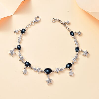 GP Celestial Dream Collection Blue Star Sapphire (DF) and White Zircon 9.50 ctw Celestial Bracelet in Rhodium Over Sterling Silver (7.25 In)