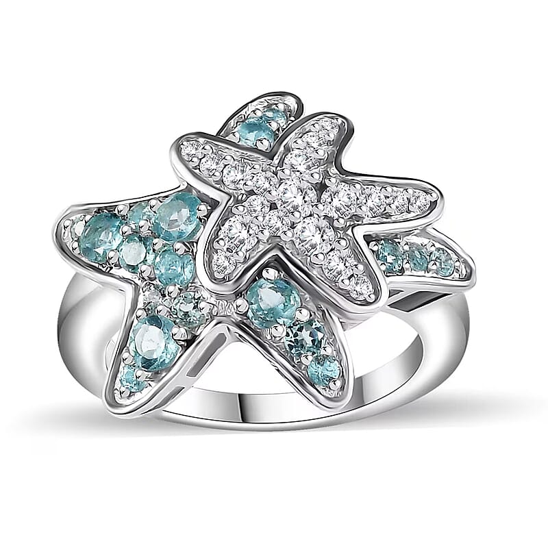 D'Joy Premium Betroka Blue Apatite and Moissanite 1.00 ctw Starfish Ring in Rhodium Over Sterling Silver (Size 10.0)