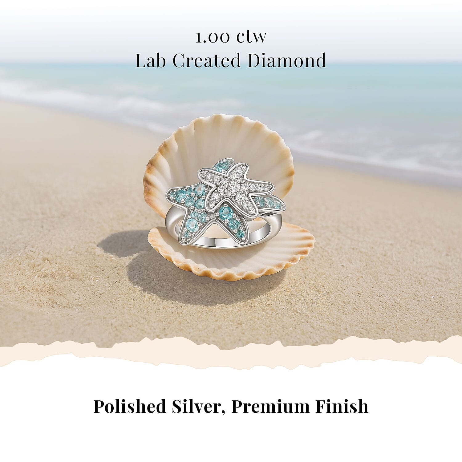 D'Joy Premium Betroka Blue Apatite and Moissanite 1.00 ctw Starfish Ring in Rhodium Over Sterling Silver (Size 10.0)
