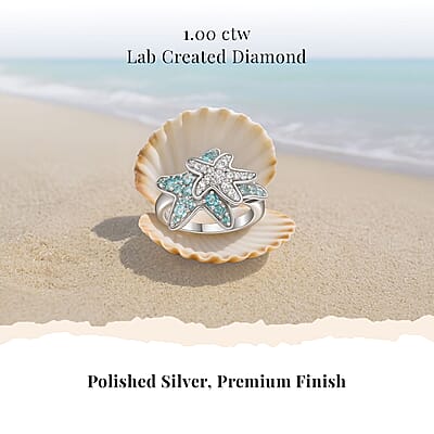 D'Joy Premium Betroka Blue Apatite and Moissanite 1.00 ctw Starfish Ring in Rhodium Over Sterling Silver (Size 10.0)