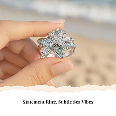 D'Joy Premium Betroka Blue Apatite and Moissanite 1.00 ctw Starfish Ring in Rhodium Over Sterling Silver (Size 10.0)
