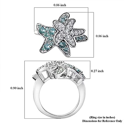 D'Joy Premium Betroka Blue Apatite and Moissanite 1.00 ctw Starfish Ring in Rhodium Over Sterling Silver (Size 10.0)