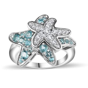 Premium Betroka Blue Apatite and Moissanite 1.00 ctw Starfish Ring in Rhodium Over Sterling Silver (Size 7.0)