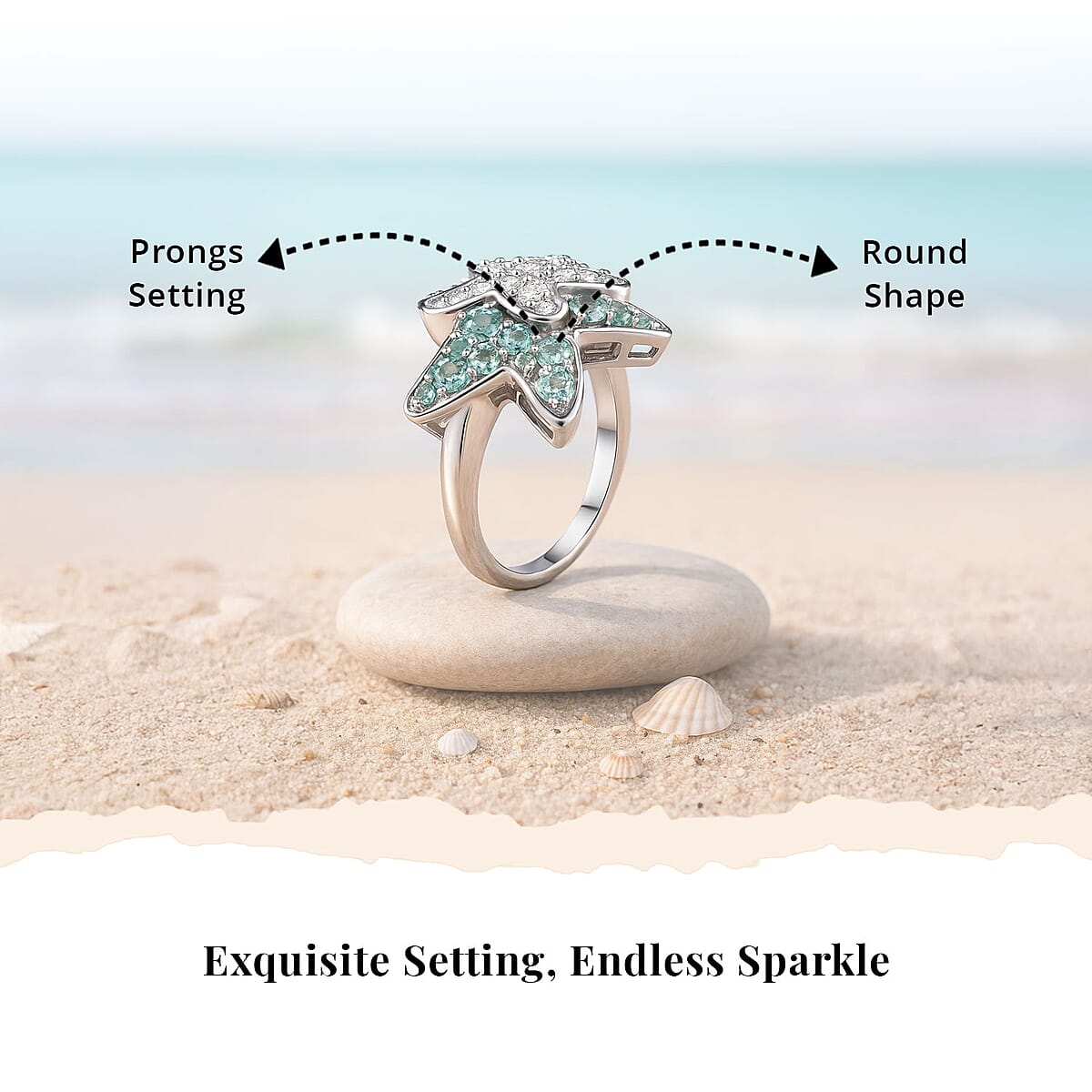 Premium Betroka Blue Apatite and Moissanite 1.00 ctw Starfish Ring in Rhodium Over Sterling Silver (Size 7.0) image number 3