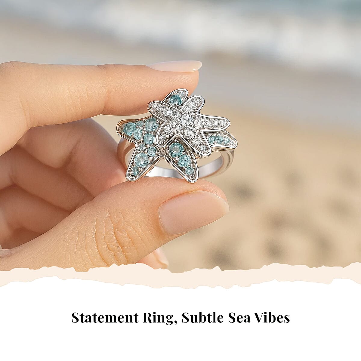 Premium Betroka Blue Apatite and Moissanite 1.00 ctw Starfish Ring in Rhodium Over Sterling Silver (Size 7.0) image number 4