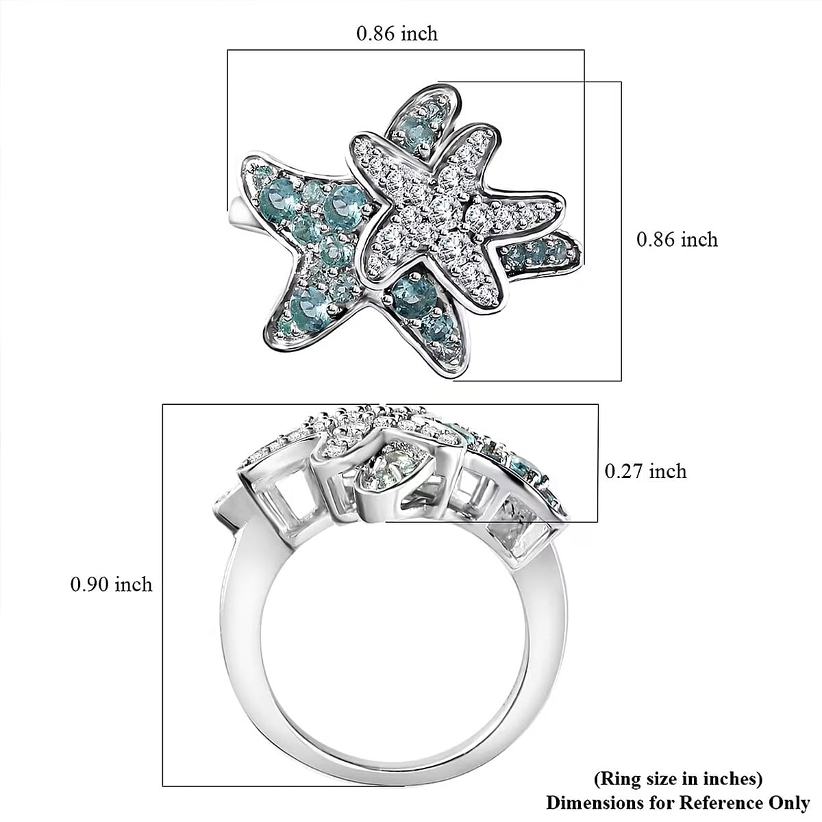 Premium Betroka Blue Apatite and Moissanite 1.00 ctw Starfish Ring in Rhodium Over Sterling Silver (Size 7.0) image number 5