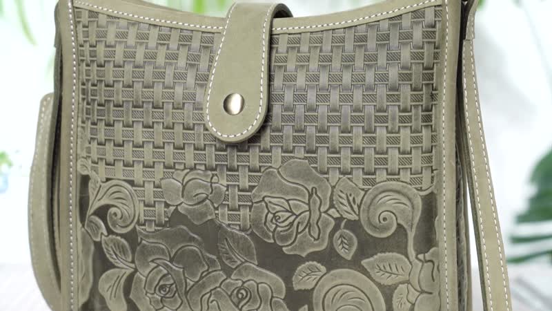 Italy Retro Noble Collection Green Floral Embossed Genuine Leather Crossbody Bag (9"x2.75"x9.5") with Shoulder Strap