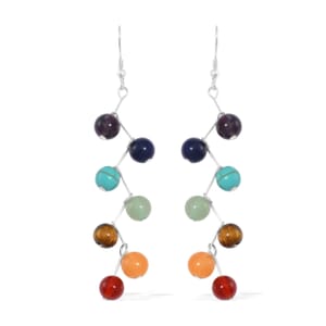 Multi Gemstone 25.00 ctw Seven Chakra Earrings in Rhodium Over Sterling Silver