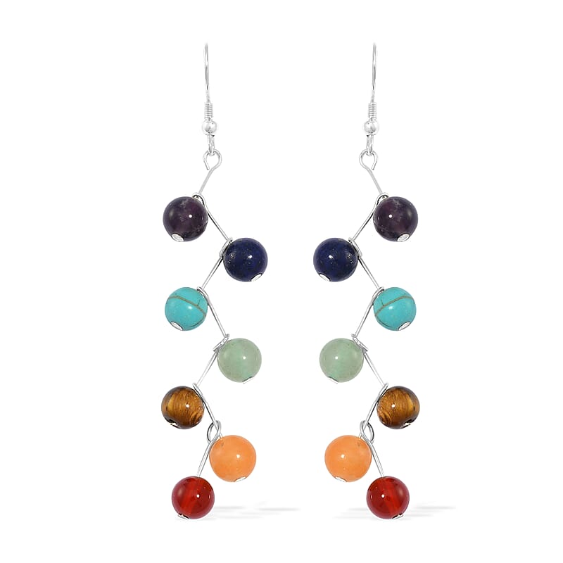Multi Gemstone 25.00 ctw Seven Chakra Earrings in Rhodium Over Sterling Silver