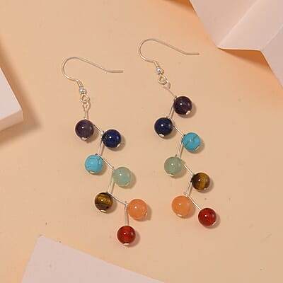 Multi Gemstone 25.00 ctw Seven Chakra Earrings in Rhodium Over Sterling Silver