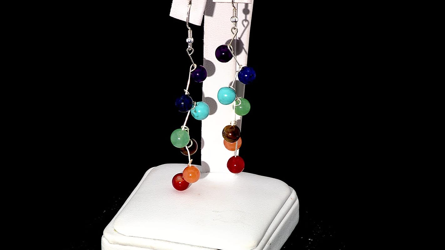 Multi Gemstone 25.00 ctw Seven Chakra Earrings in Rhodium Over Sterling Silver