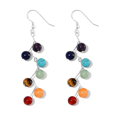 Multi Gemstone 25.00 ctw Seven Chakra Earrings in Rhodium Over Sterling Silver
