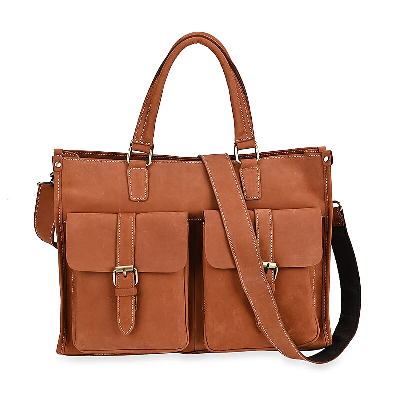 Italy Retro Noble Collection Mineral Yellow Genuine Leather Multiple Pockets Tote Bag with Shoulder Strap