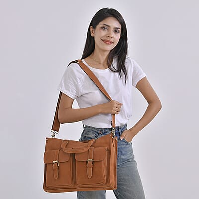 Italy Retro Noble Collection Mineral Yellow Genuine Leather Multiple Pockets Tote Bag with Shoulder Strap