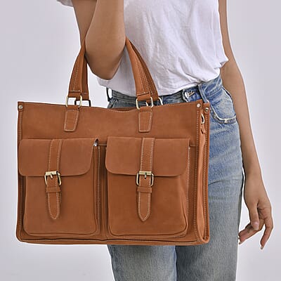 Italy Retro Noble Collection Mineral Yellow Genuine Leather Multiple Pockets Tote Bag with Shoulder Strap