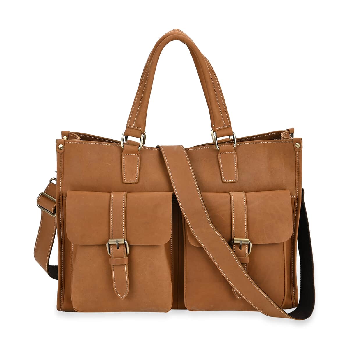 Italy Retro Noble Collection Camel Genuine Leather Multiple Pockets Tote Bag with Shoulder Strap image number 0