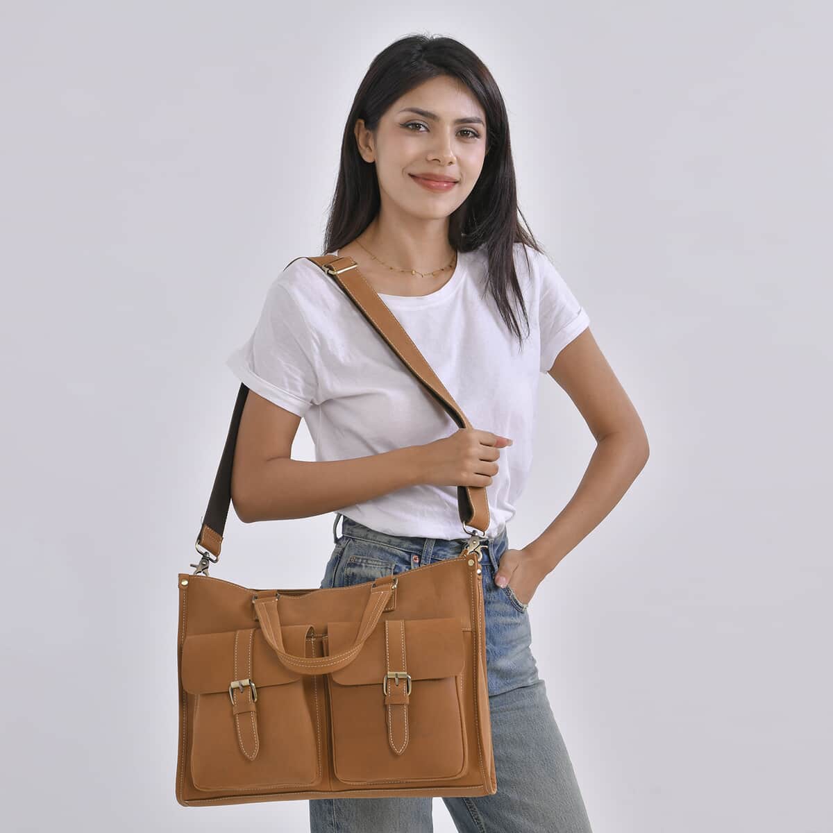 Italy Retro Noble Collection Camel Genuine Leather Multiple Pockets Tote Bag with Shoulder Strap image number 1