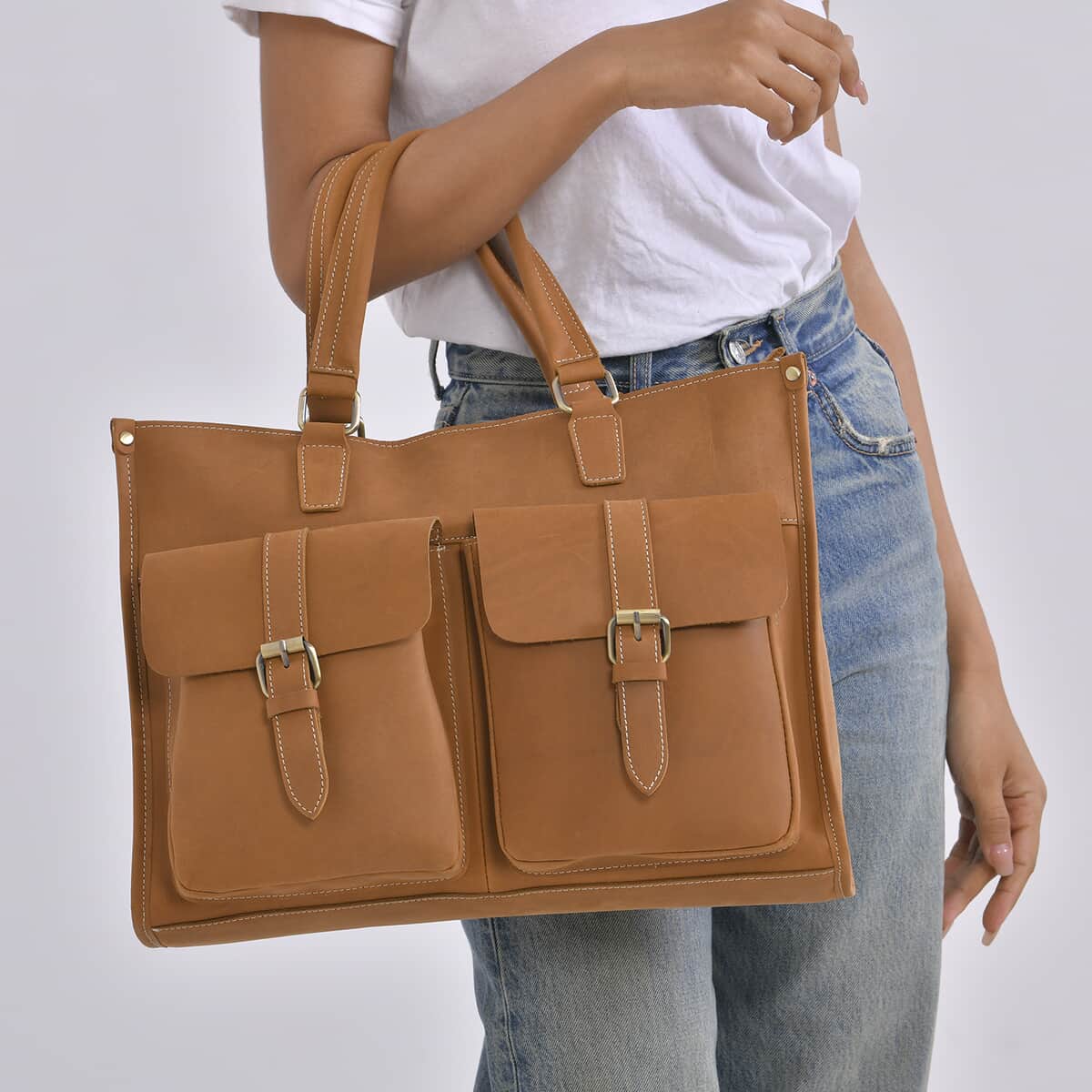 Italy Retro Noble Collection Camel Genuine Leather Multiple Pockets Tote Bag with Shoulder Strap image number 2