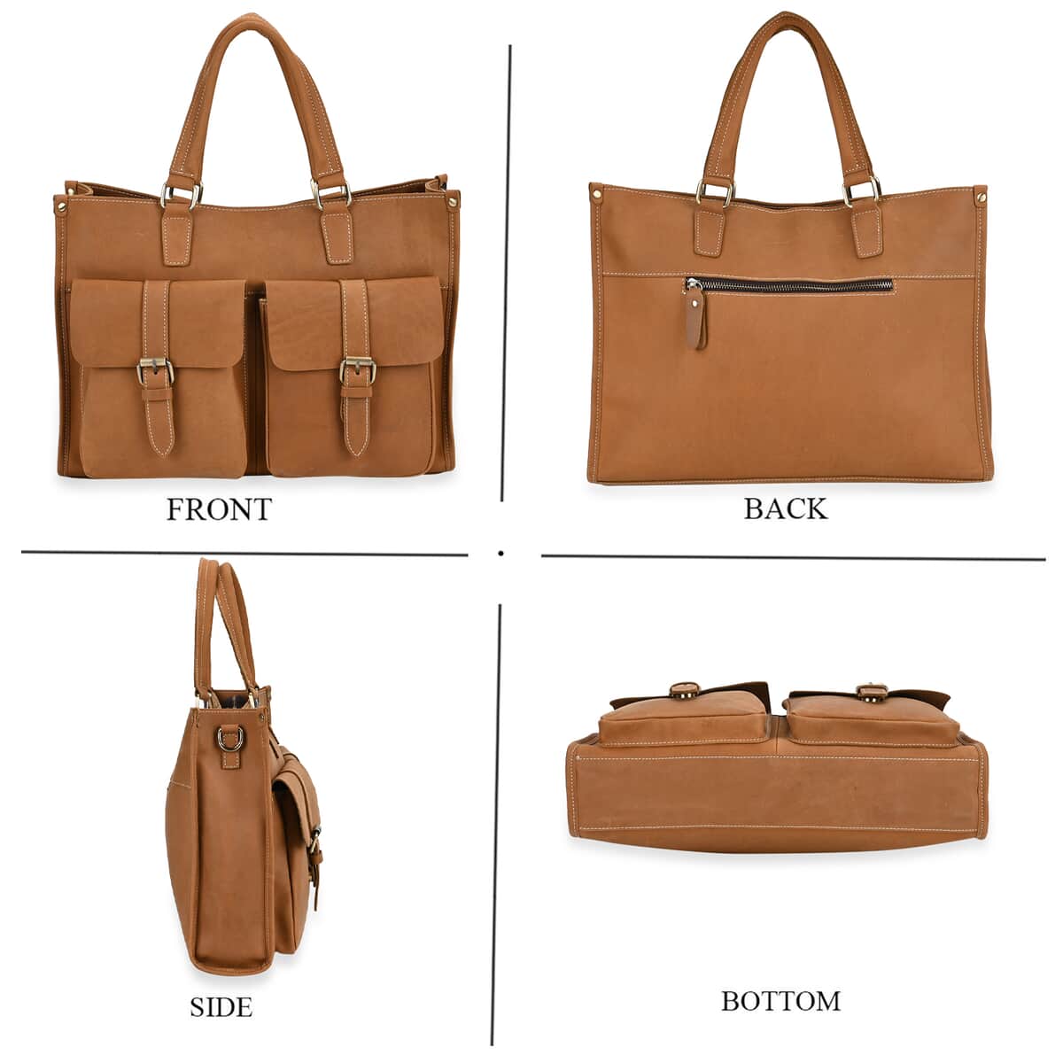 Italy Retro Noble Collection Camel Genuine Leather Multiple Pockets Tote Bag with Shoulder Strap image number 3