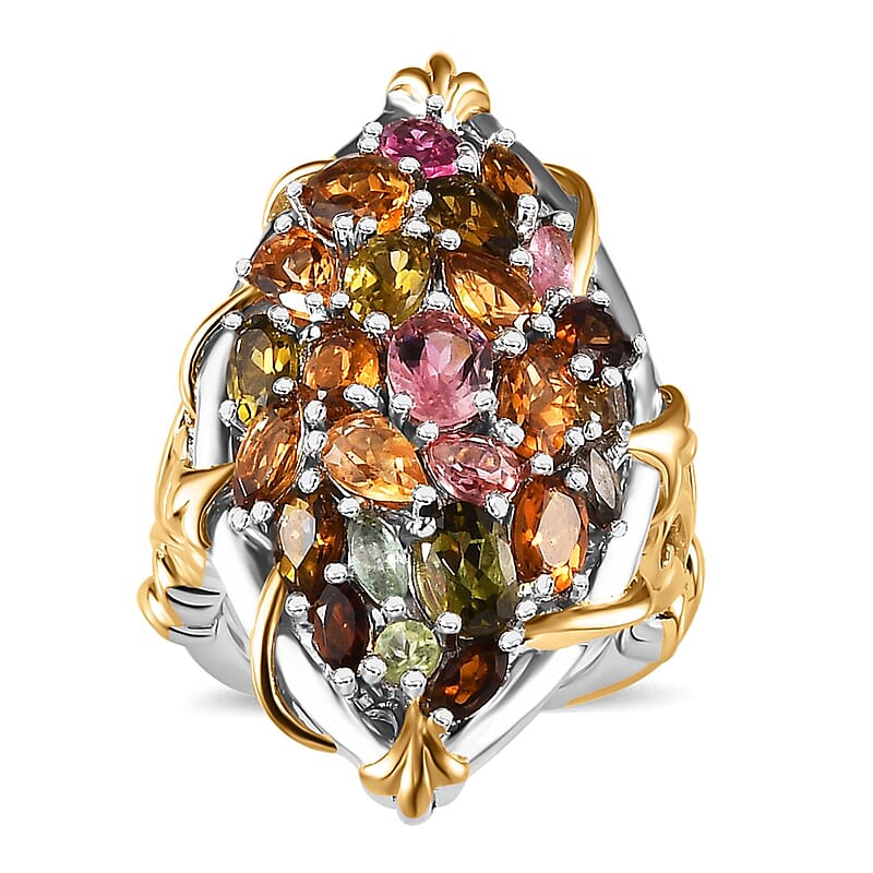 D'Joy Multi-Tourmaline 4.50 ctw Leaf Ring in 18K Vermeil YG and Rhodium Over Sterling Silver (Size 10.0)