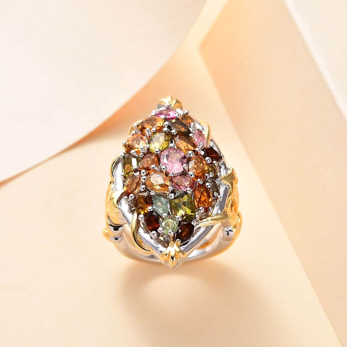 Multi-Tourmaline Ring in 18K Vermeil YG and Rhodium Over Sterling Silver (Size 10.0) 4.50 ctw image number 1