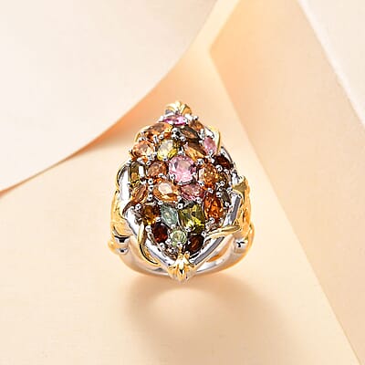 D'Joy Multi-Tourmaline 4.50 ctw Leaf Ring in 18K Vermeil YG and Rhodium Over Sterling Silver (Size 10.0)