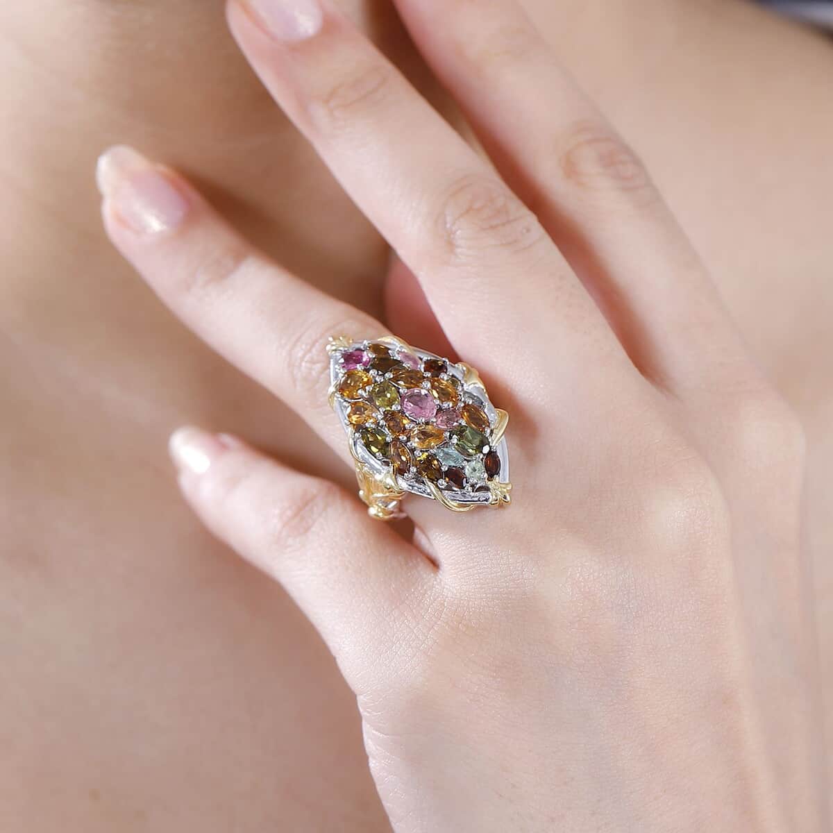 Multi-Tourmaline Ring in 18K Vermeil YG and Rhodium Over Sterling Silver (Size 10.0) 4.50 ctw image number 2