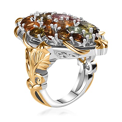 D'Joy Multi-Tourmaline 4.50 ctw Leaf Ring in 18K Vermeil YG and Rhodium Over Sterling Silver (Size 10.0)