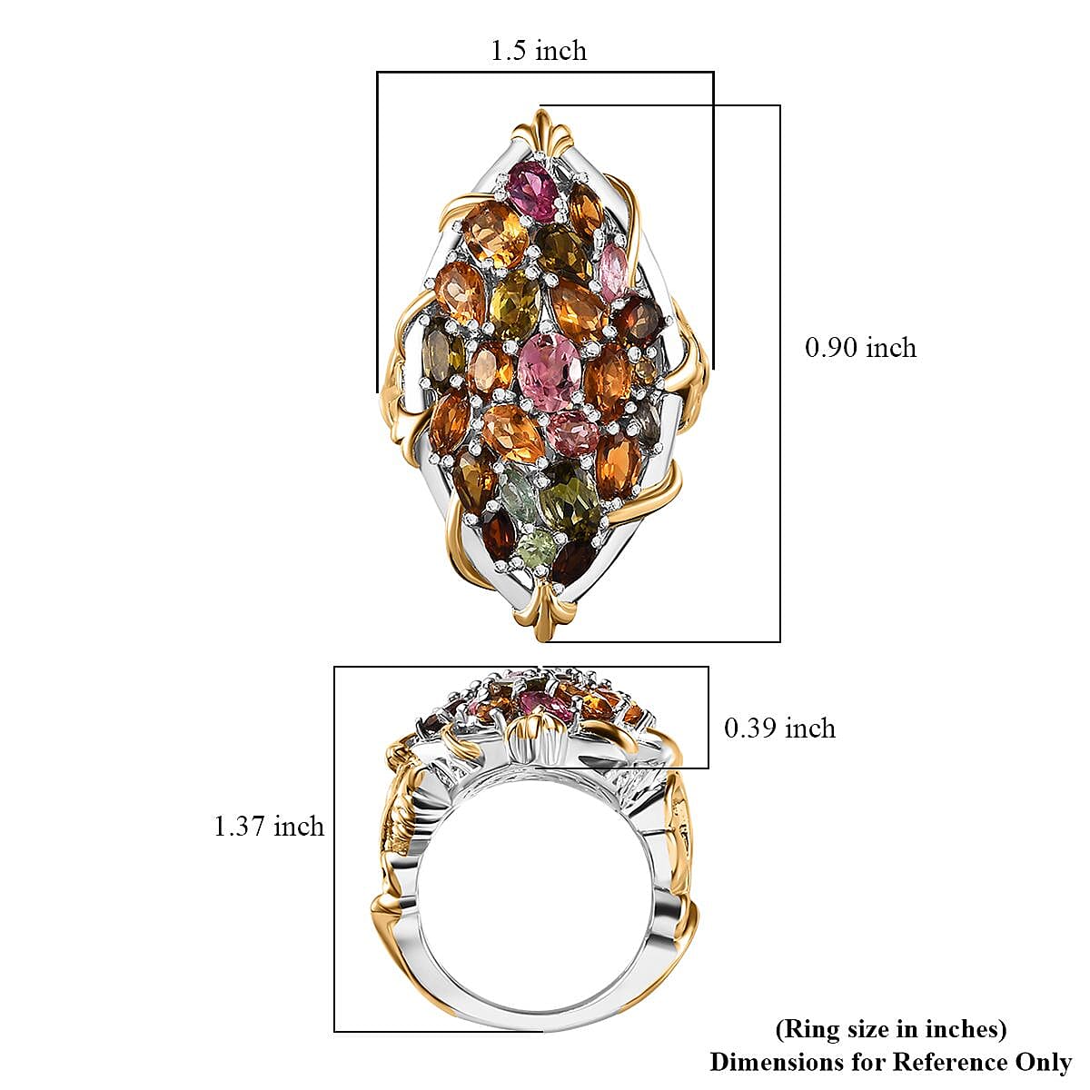 D'Joy Multi-Tourmaline 4.50 ctw Leaf Ring in 18K Vermeil YG and Rhodium Over Sterling Silver (Size 10.0)