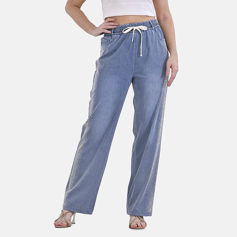 Tamsy Light Stripe Rhinestone Stretch Denim Pant with Pockets - Size S-L