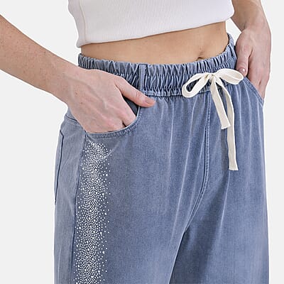 Tamsy Light Stripe Rhinestone Stretch Denim Pant with Pockets - Size S-L