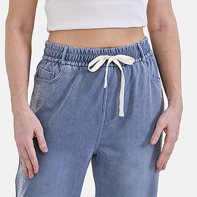 Tamsy Light Stripe Rhinestone Stretch Denim Pant with Pockets - Size S-L