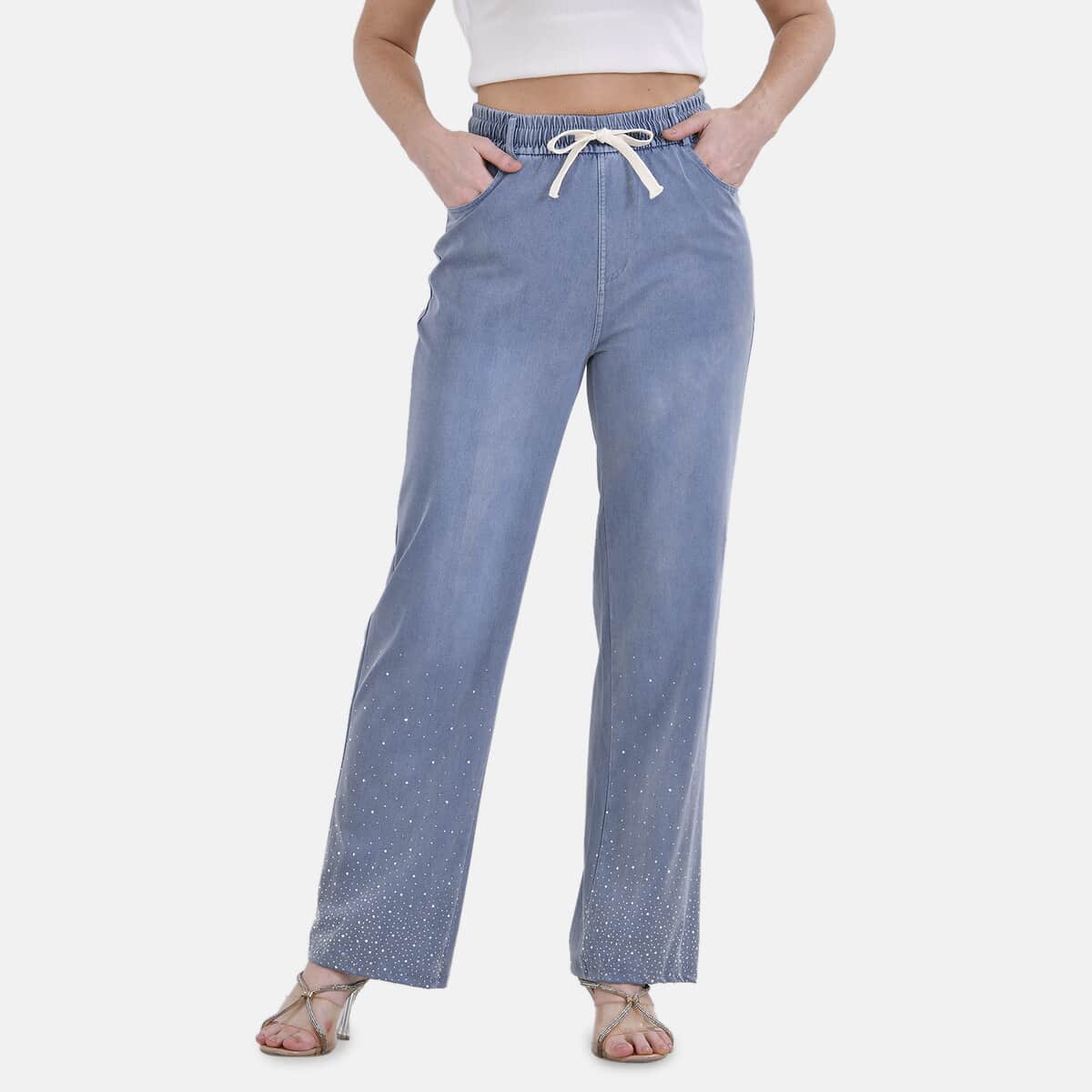 Tamsy Light Bottom Rhinestone Stretch Denim Pant with Pockets - Size S-L image number 0