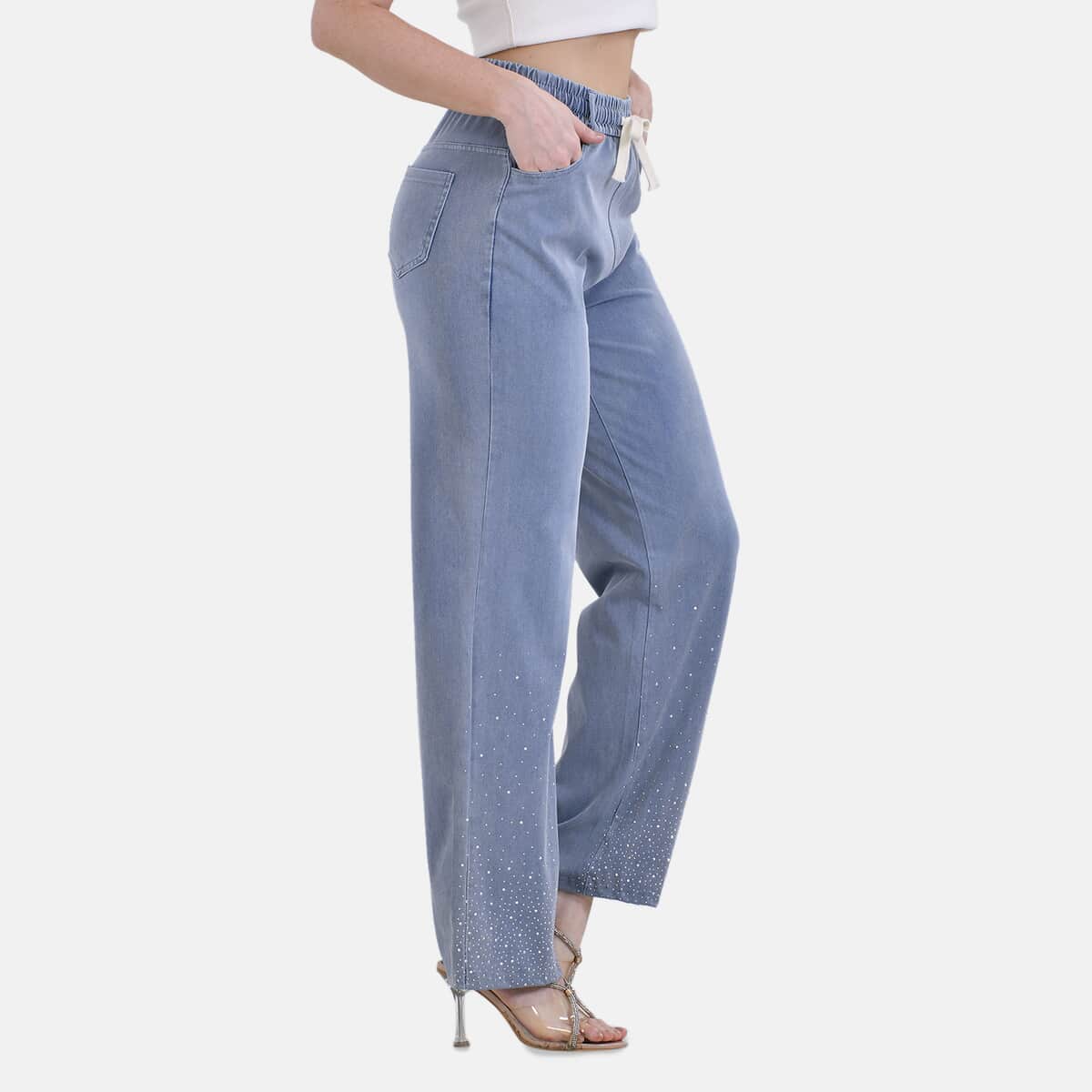 Tamsy Light Bottom Rhinestone Stretch Denim Pant with Pockets - Size S-L image number 2