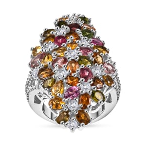 Multi-Tourmaline and Moissanite 7.50 ctw Bunch of Flower Ring in Rhodium Over Sterling Silver (Size 10.0)