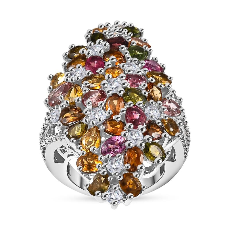 Multi-Tourmaline and Moissanite 7.50 ctw Bunch of Flower Ring in Rhodium Over Sterling Silver (Size 10.0)