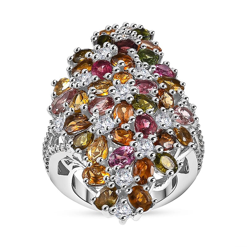 Multi-Tourmaline and Moissanite 7.50 ctw Bunch of Flower Ring in Rhodium Over Sterling Silver (Size 10.0)