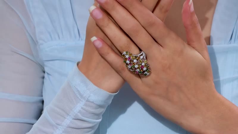 Multi-Tourmaline, Moissanite Ring in Rhodium Over Sterling Silver (Size 10.0) 7.50 ctw