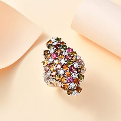 Multi-Tourmaline and Moissanite 7.50 ctw Bunch of Flower Ring in Rhodium Over Sterling Silver (Size 10.0)