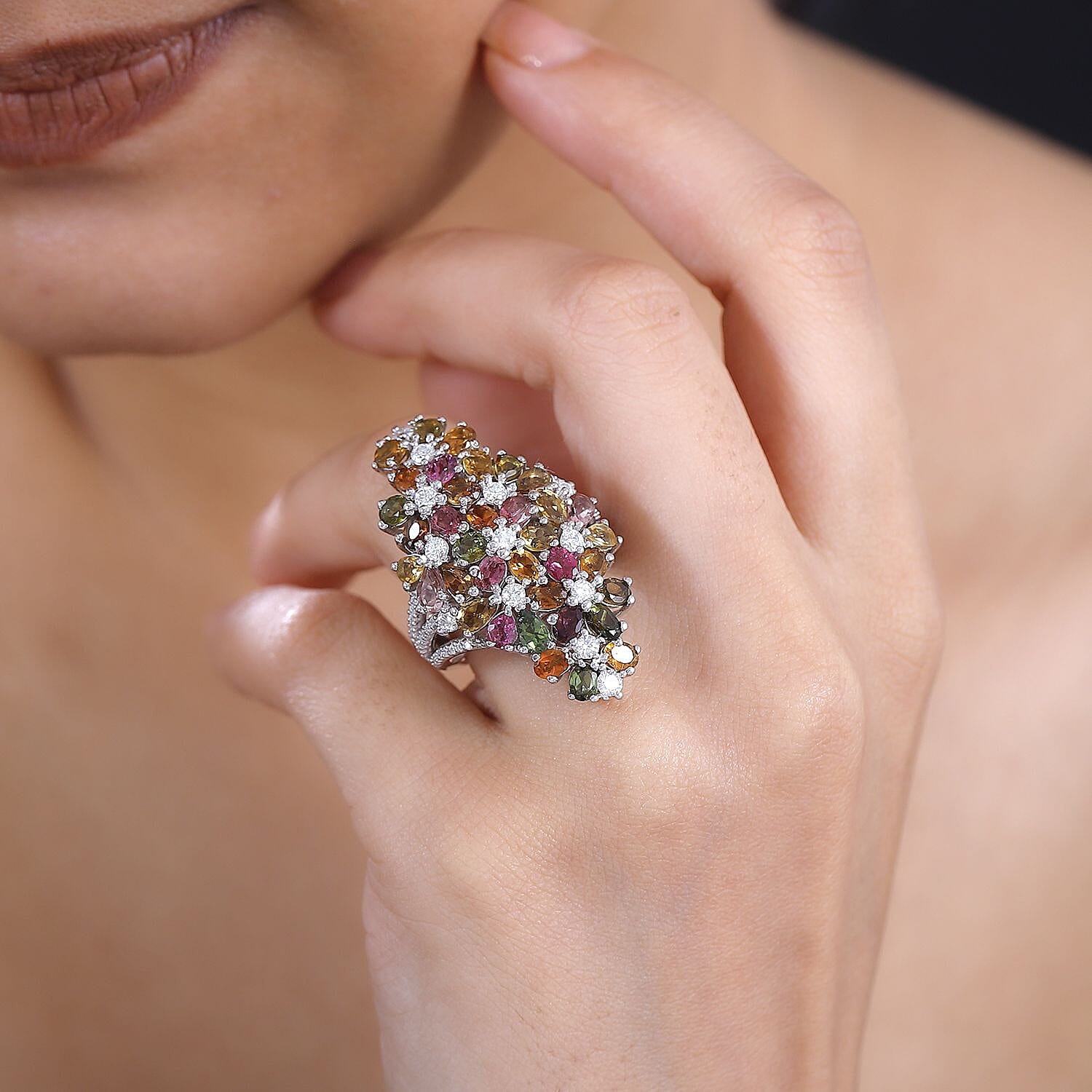 Multi-Tourmaline and Moissanite 7.50 ctw Bunch of Flower Ring in Rhodium Over Sterling Silver (Size 10.0)