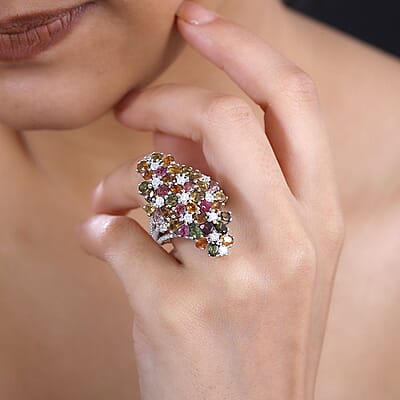 Multi-Tourmaline and Moissanite 7.50 ctw Bunch of Flower Ring in Rhodium Over Sterling Silver (Size 10.0)