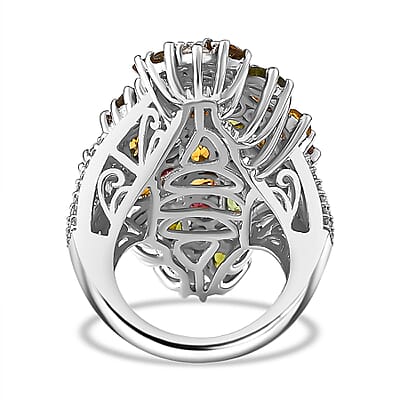 Multi-Tourmaline and Moissanite 7.50 ctw Bunch of Flower Ring in Rhodium Over Sterling Silver (Size 10.0)