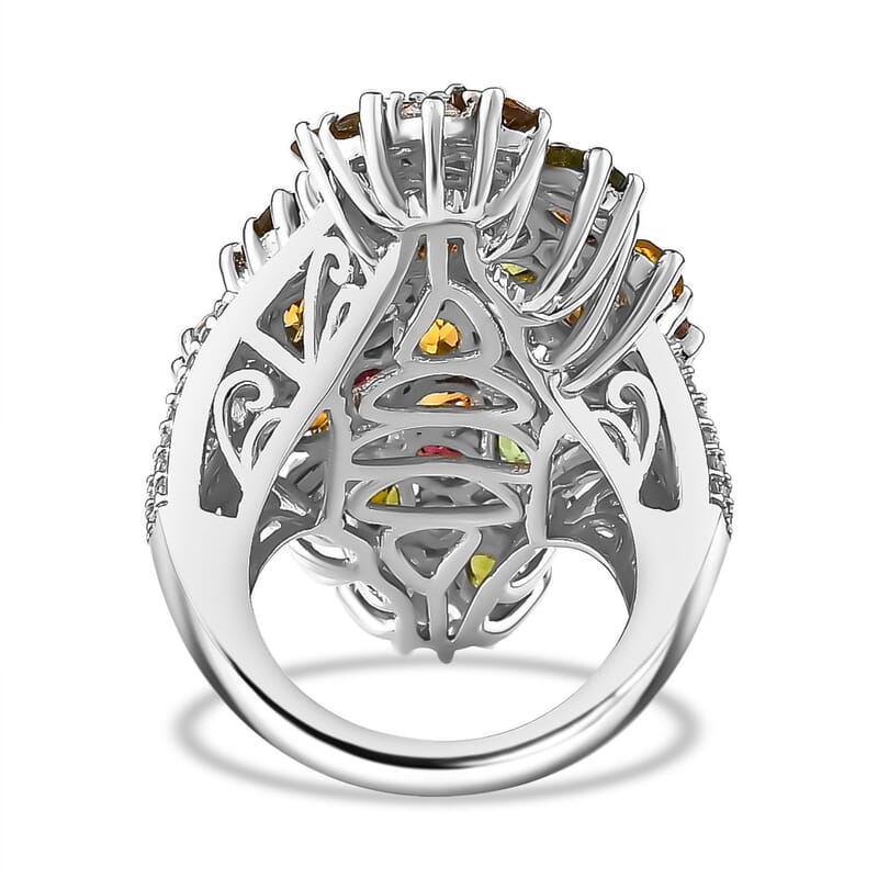 Multi-Tourmaline and Moissanite 7.50 ctw Bunch of Flower Ring in Rhodium Over Sterling Silver (Size 10.0)