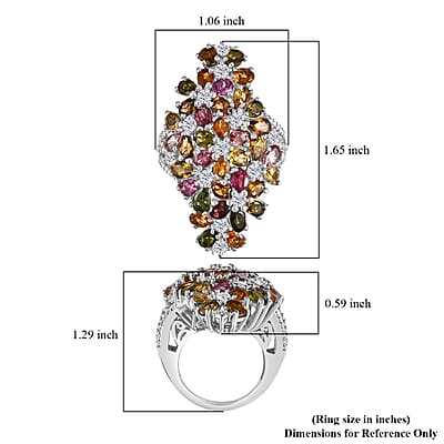 Multi-Tourmaline and Moissanite 7.50 ctw Bunch of Flower Ring in Rhodium Over Sterling Silver (Size 10.0)