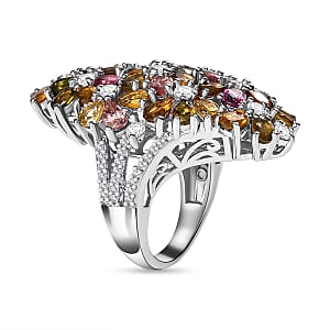 D'Joy Multi-Tourmaline and Moissanite 7.50 ctw Bunch of Flower Ring in Rhodium Over Sterling Silver (Size 7.0)